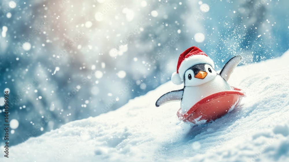 Obraz premium A playful penguin slides down a snowy hill during winter.