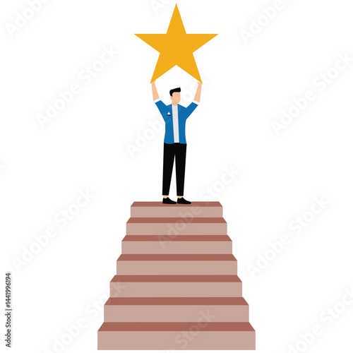 Businessman winner with star standing on top of career peak, victory and target achievement