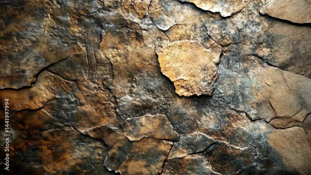 Close-up of textured, rough stone surface with varied shades of brown and dark gray, showing cracks and irregular shapes