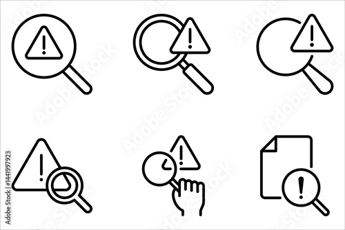 Problem identification icon set. magnifying glass with exclamation mark on white background