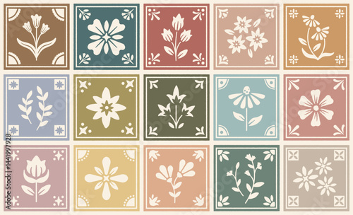 Hand drawn vintage floral tile vector illustration. Botanical folk art in earth tones. Spring garden block print for wall art, stationery, fabric, home decor & branding. Isolated elements.