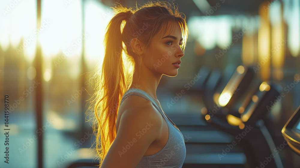 Fit young woman running on a treadmill in a dark modern gym,sportswear, symbolizing dedication, fitness lifestyle, strength, and determination in achieving health and workout goals