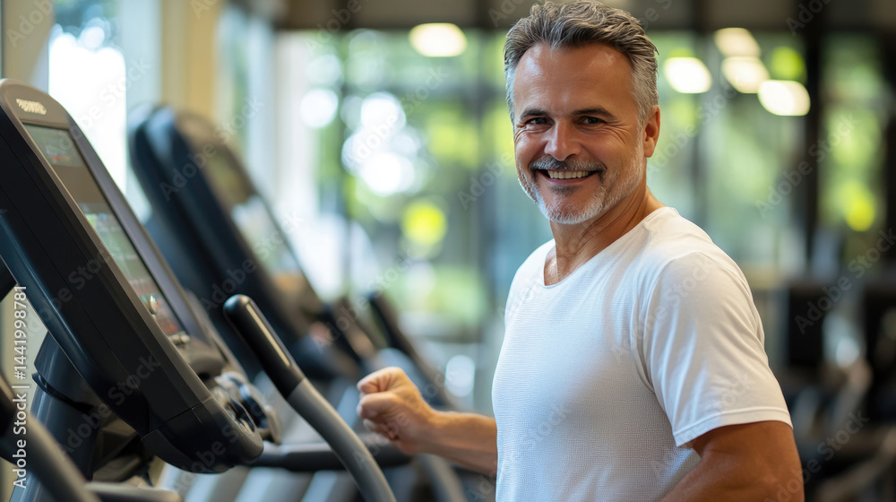 Smiling elderly man exercising on a treadmill in a bright modern gym, wearing a white t-shirt, expressing vitality, active senior lifestyle, healthy aging, and motivation for physical wellness