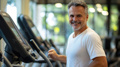 Obraz na płótnie Smiling elderly man exercising on a treadmill in a bright modern gym, wearing a white t-shirt, expressing vitality, active senior lifestyle, healthy aging, and motivation for physical wellness w salonie