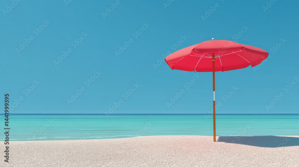 A vibrant red umbrella casts a shadow on the pristine white sand of a tranquil beach, offe respite from the sun under a clear, azure sky du summer days. A vibrant red umbrella casts a shadow on the pristine white sand of a tranquil beach, offe respite from the sun under a clear, azure sky du summer days.