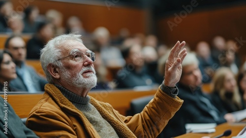 An elderly man engages in a local council meeting, raising his hand to share his thoughts while other attendees listen attentively, showcasing community involvement and civic participation