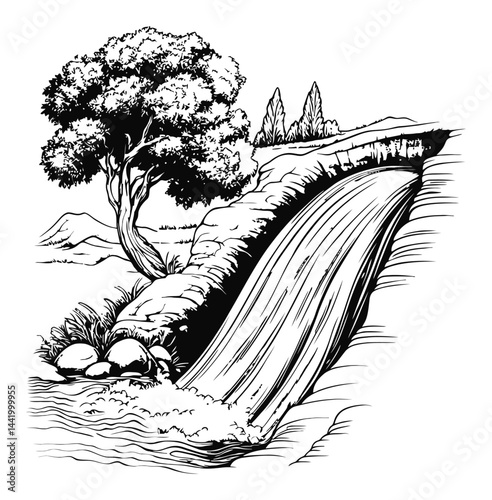 Hand-Drawn Waterfall with Tree and Rocks in Black and White Style