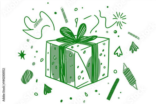 A minimalist line art illustration of an abstract gift box with dynamite accents, isolated on a transparent or white background.