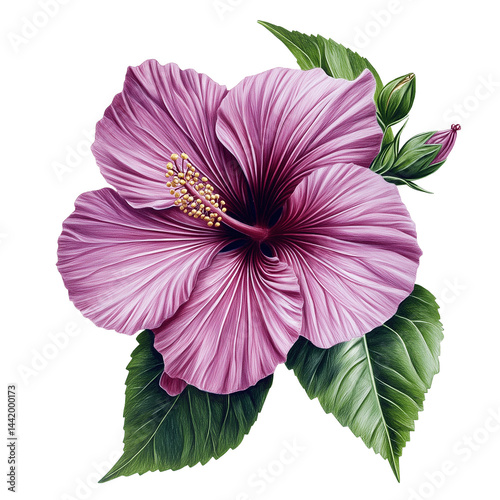 A detailed Hibiscus art drawing, beautifully illustrated and isolated on a transparent or white background,