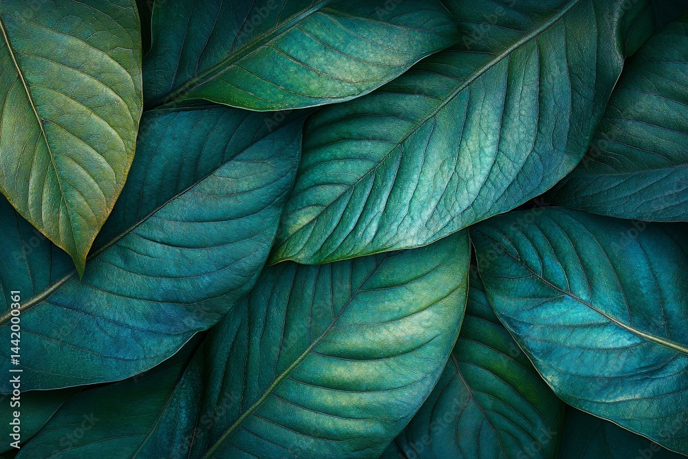 Lush teal tropical leaves background texture.