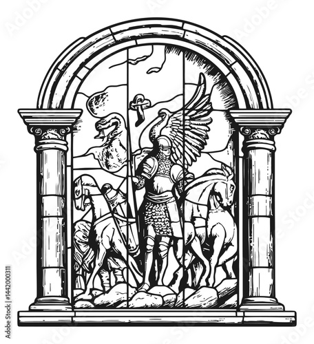 Detailed Engraving of Guardian Figure with Winged Creatures and Horses