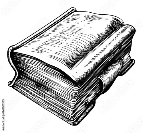 Detailed Engraving of an Open Book with Textured Pages and Spine