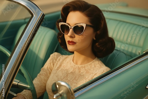 A glamorous woman in vintage 1950s fashion, seated in a classic convertible car with a soft turquoise interior.