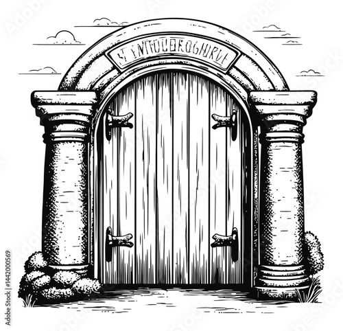 Vintage Engraving of Ornate Archway with Wooden Door Design