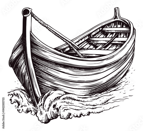 Intricate Engraving of a Rowing Boat with Water Splashing Effect