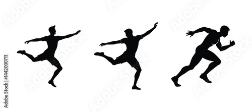 Dynamic Silhouettes of Athletic Movements Jumping and Sprinting Depicted in Black-and-White Minimalist Design