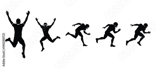 Silhouettes of a Football Player in Motion Jumping, Running, and Sprinting Poses in Dynamic Sequence