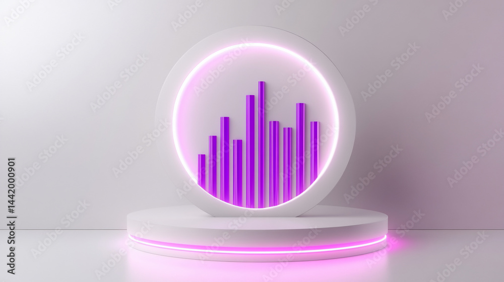 Abstract 3D rendering of purple bar graph inside a glowing circle on a white platform.