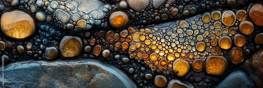 Close-up of smooth, colorful stones; varied sizes and shades of grey, brown, and gold; texture and pattern.
