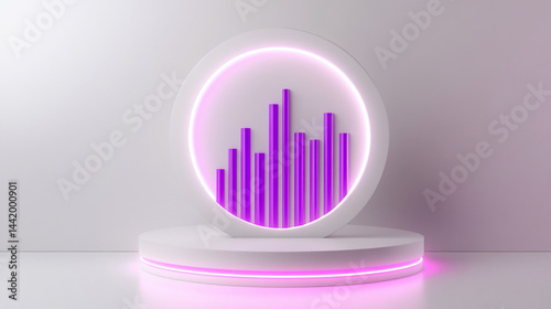 Obraz na płótnie Abstract 3D rendering of purple bar graph inside a glowing circle on a white platform. w salonie