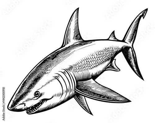 Detailed Engraving of a Realistic Shark Illustration in Black and White