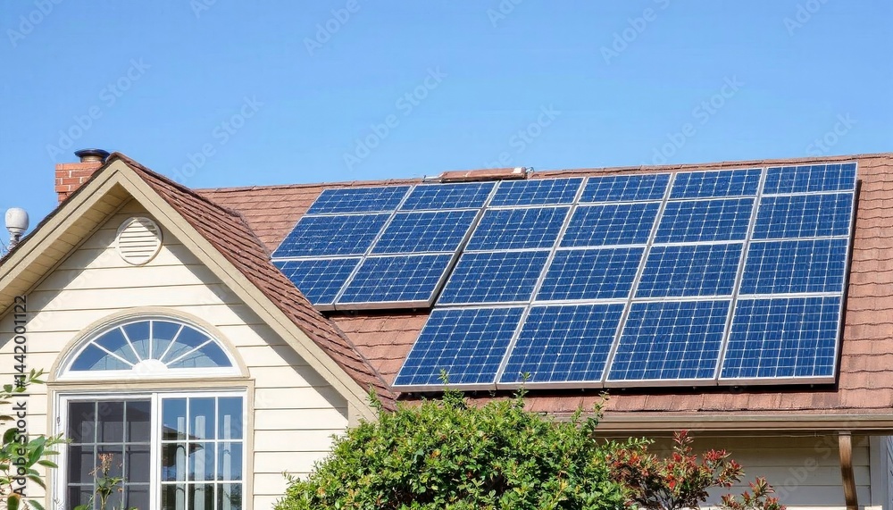 Fototapeta premium Solar panels installed on a house roof against a clear blue sky