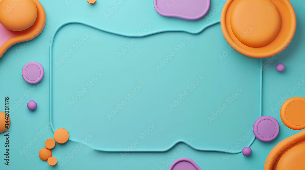 Abstract teal background with colorful 3D shapes forming a frame.