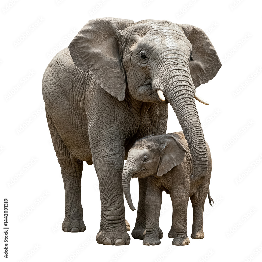 Obraz premium Majestic African Elephant Cow Protecting Her Adorable Calf on a Clean White Background