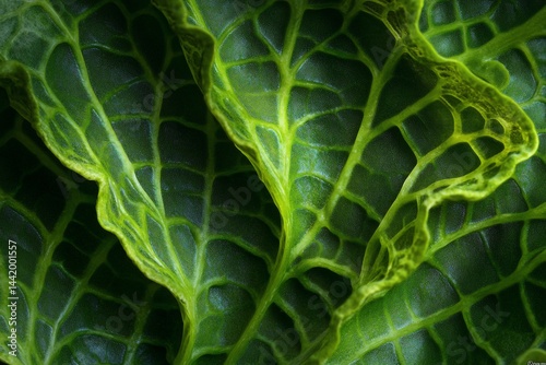 Obraz na płótnie Close-up of vibrant green leaves with intricate vein patterns, showcasing natural texture and detail. w salonie