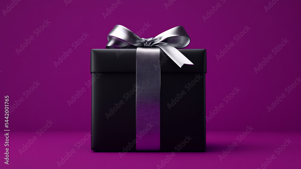 Black square gift box with silver ribbon on purple background.