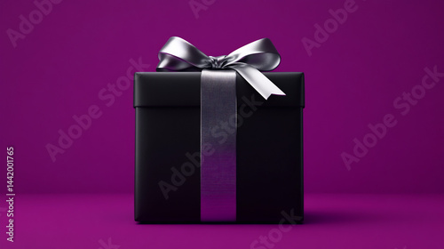 Black square gift box with silver ribbon on purple background.