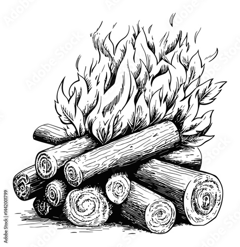 Wood Fire Engraving with Flames and Logs in Black and White Style