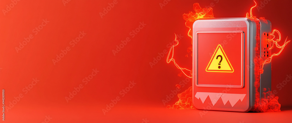 Burning electrical box with question mark warning sign.