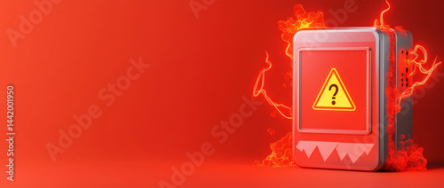 Burning electrical box with question mark warning sign.
