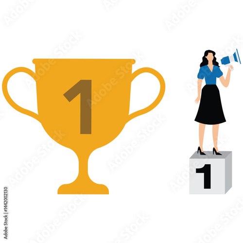 Businesswoman telling success story with megaphone with winner trophy