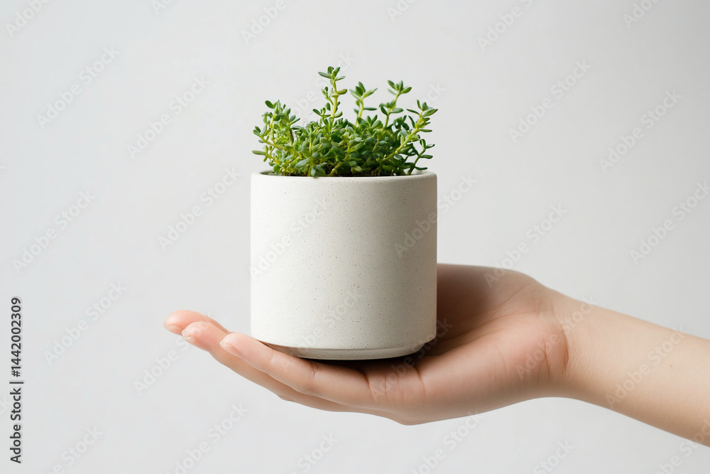 A small green plant in a white pot held gently in a person's hand against a white background.