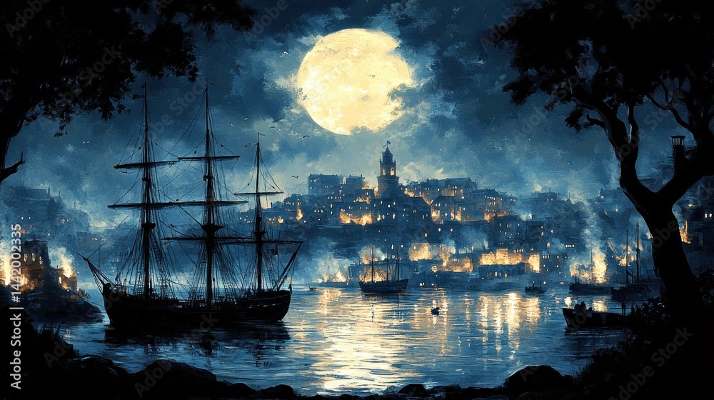 Naklejka premium Nocturnal Harbor: A moonlit cityscape with a majestic sailing ship at anchor, reflecting the city's warm glow on the tranquil waters.