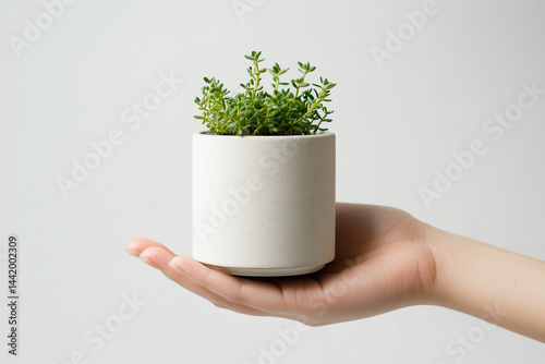 Obraz na płótnie A small green plant in a white pot held gently in a person's hand against a white background. w salonie