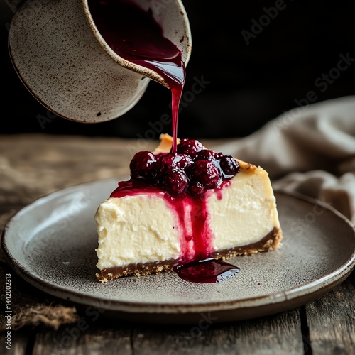 Delicious cheesecake slice with berry sauce pouring over