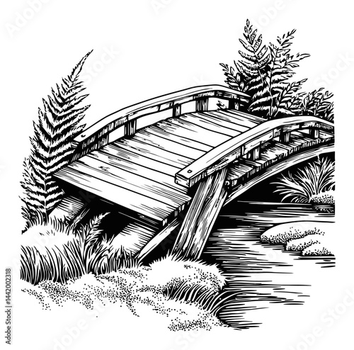 Artistic Engraving of a Wooden Bridge Surrounded by Nature