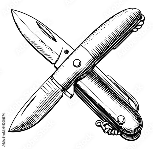 Detailed Engraving of Classic Folding Knife with Two Blades