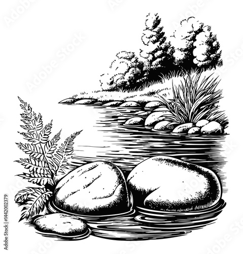 Serene Engraving of Riverbank with Rocks and Lush Vegetation