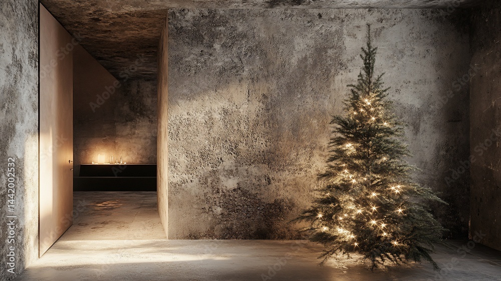 Minimalist Christmas tree in a rustic interior with concrete walls and warm lighting.