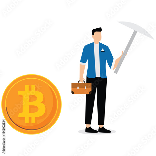 Businessman holding a pickaxe and a bitcoin