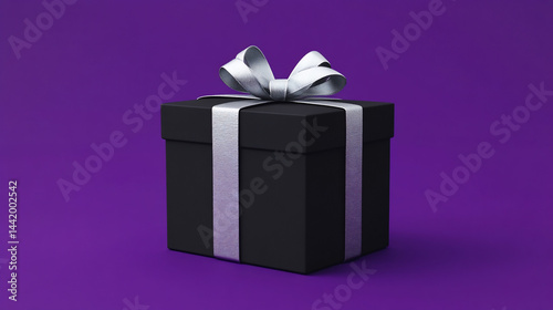 Obraz na płótnie A black gift box with a silver ribbon on a purple background. (1) w salonie