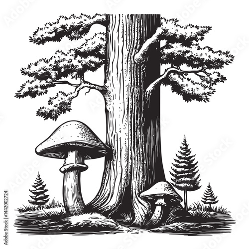 Black and White Engraving of Tree and Mushrooms in Forest Landscape