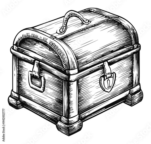 Vintage Engraved Treasure Chest Illustration in Black and White Style