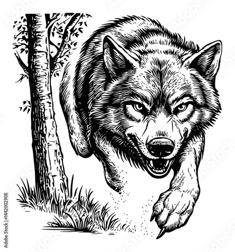 Fierce Forest Wolf Engraving Illustration in Dynamic Motion