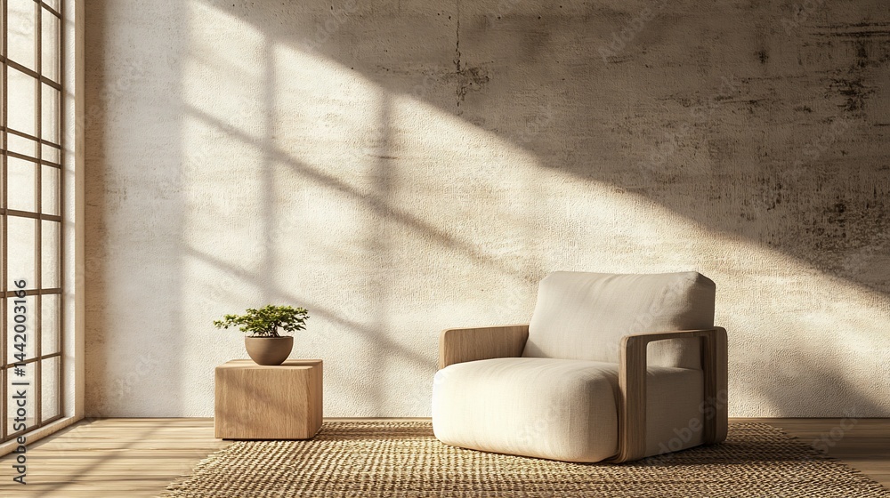Sunlit room with armchair, side table, and plant.