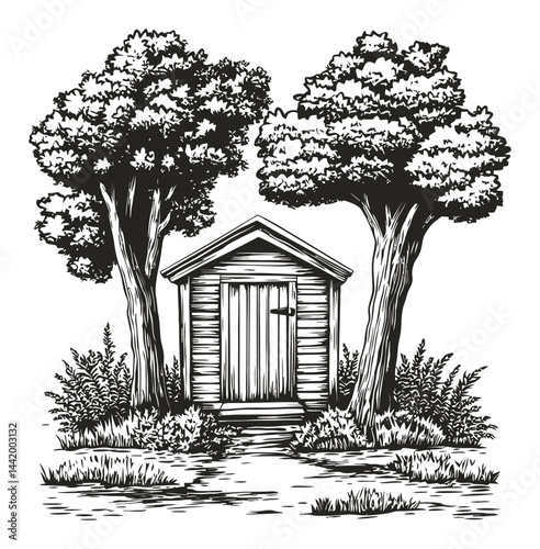 Detailed Engraving of a Rustic Shed Surrounded by Trees and Foliage